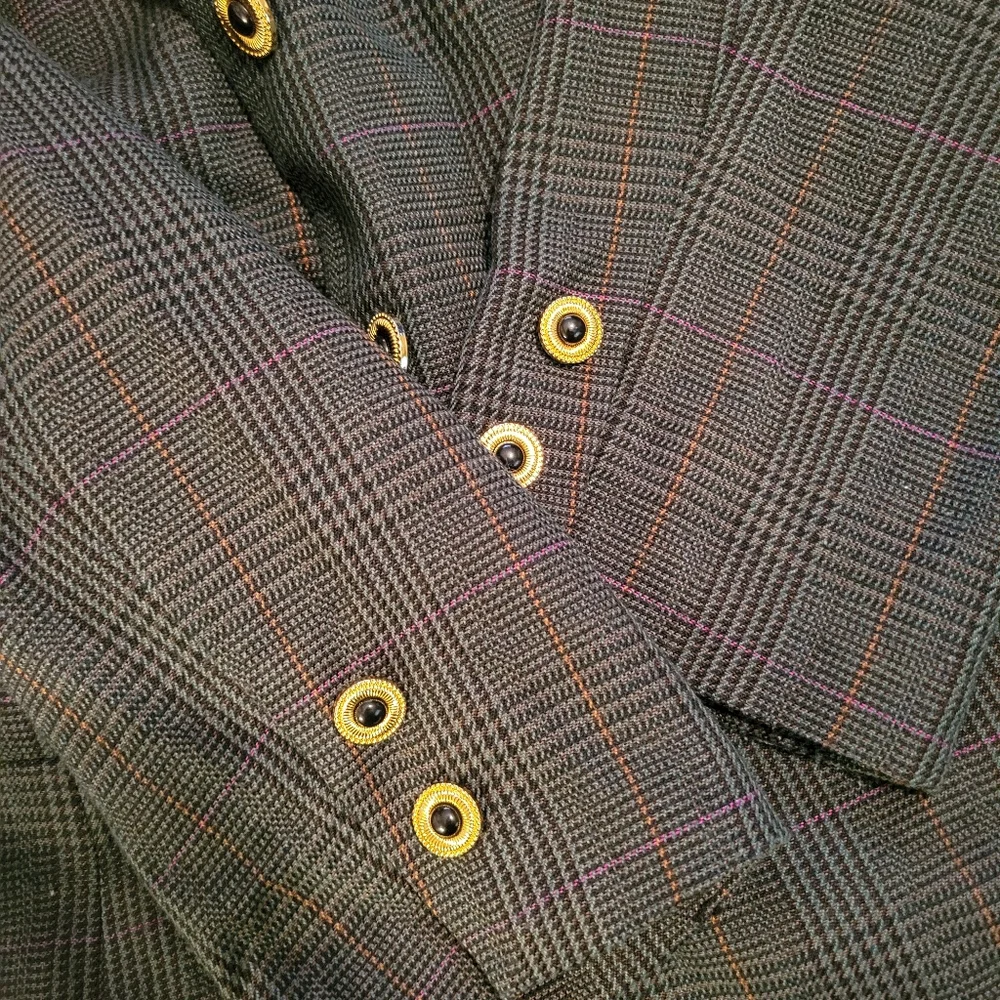 Vintage Plaid Blazer Size 14 Gold Button Blazer Classic Preppy Wool Blend Office